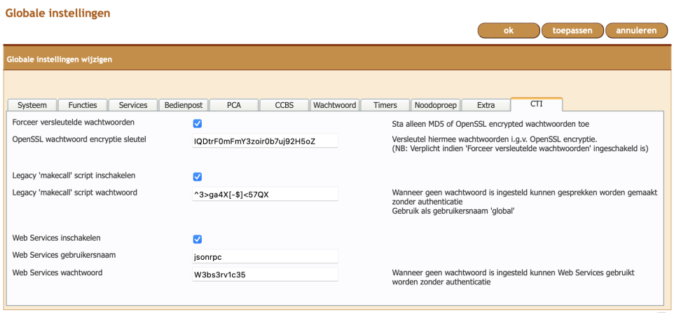 instellingen global tab cti