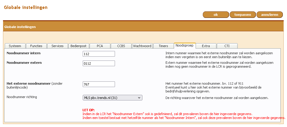 instellingen globaal tab noodoproep