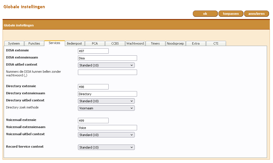 instellingen globaal tab services