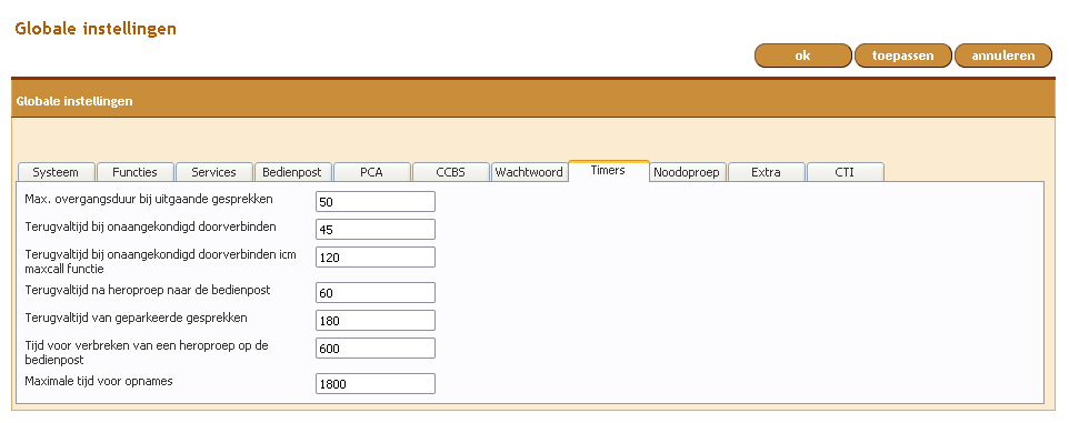 instellingen globaal tab timers